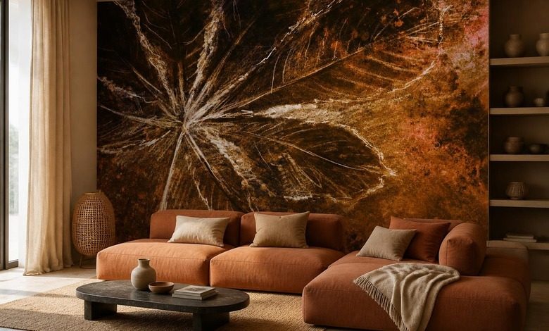 contraste des bruns chauds et des accents clairs papier peint pour le salon papiers peints demural