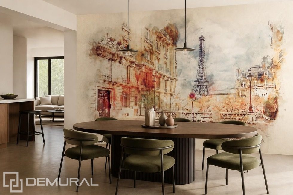 La tour Eiffel et une rue parisienne en tonalité aquarelle Papiers peints Tour Eiffel Papiers peints Demural