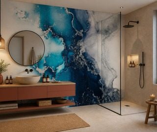 contraste des bleus intenses et de la terre cuite papier peint pour la salle de bain papiers peints demural