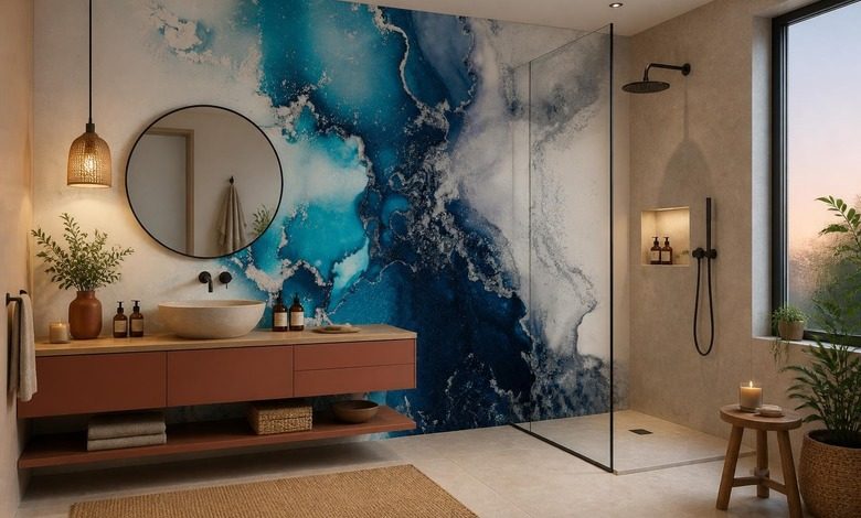 contraste des bleus intenses et de la terre cuite papier peint pour la salle de bain papiers peints demural