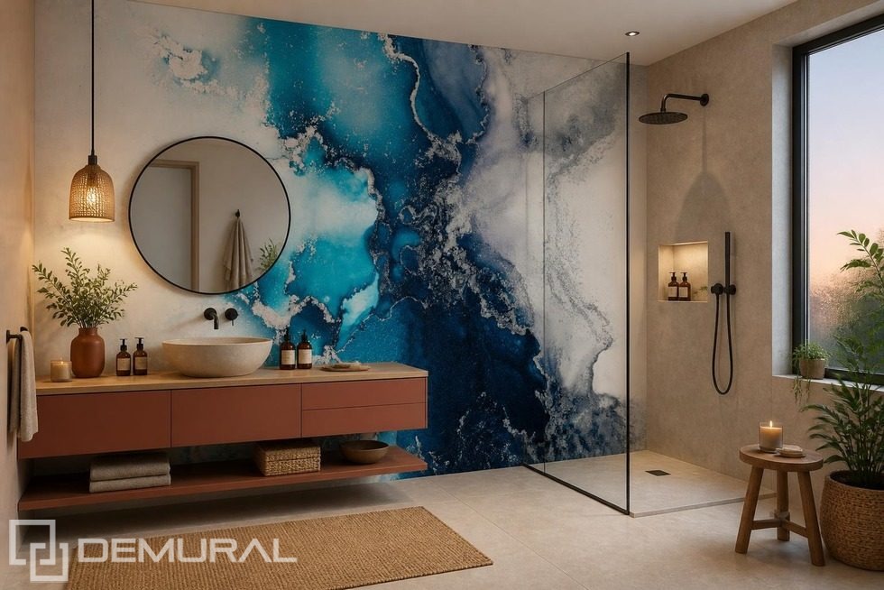 Contraste des bleus intenses et de la terre cuite Papier peint pour la salle de bain Papiers peints Demural