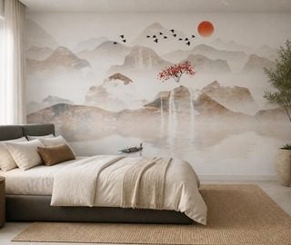 montagnes silencieuses sous un ciel rouge papiers peints oriental papiers peints demural