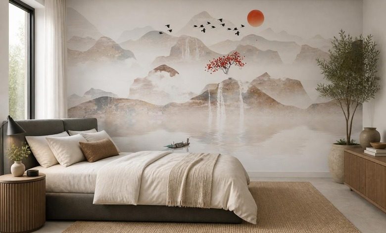 montagnes silencieuses sous un ciel rouge papiers peints oriental papiers peints demural