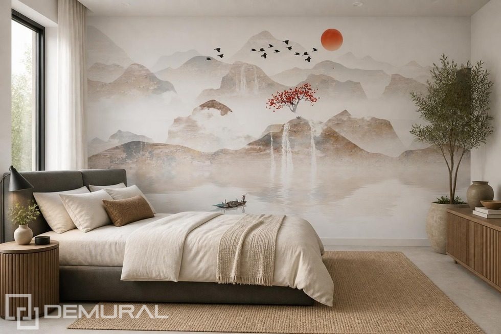 Montagnes silencieuses sous un ciel rouge Papiers peints oriental Papiers peints Demural