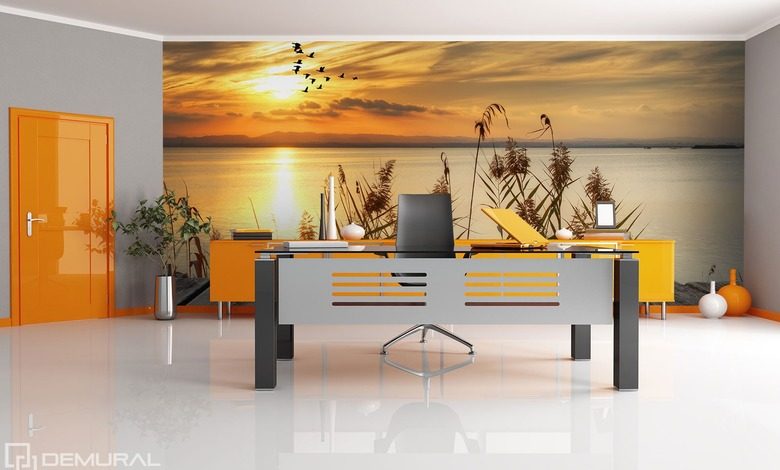 coucher de soleil au bord du lac papiers peints pour le bureau papiers peints demural